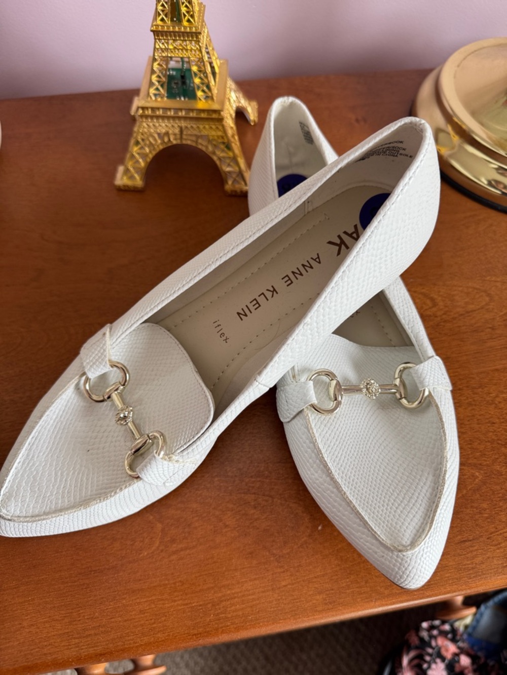NWT Anne Klein White Pointed Toe Loafers with Gold Hardware